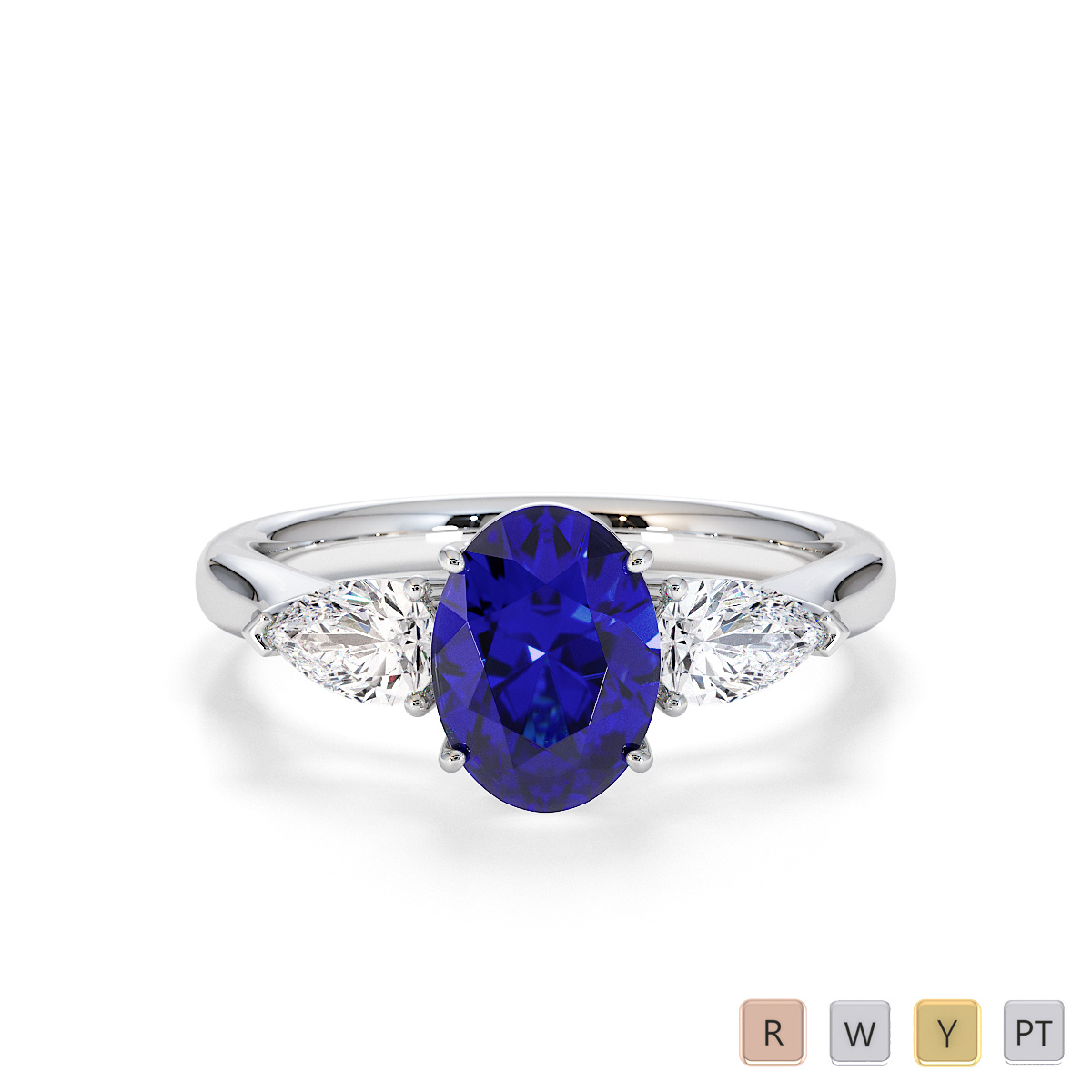 Oval Shape Blue Sapphire and Pear Cut Diamond Engagement Ring 0782
