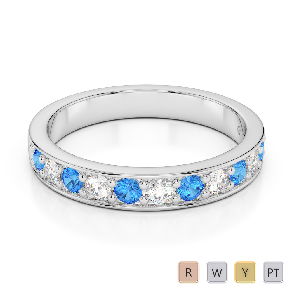 3MM Round Cut Diamond and Blue Topaz Half Eternity Ring 0362
