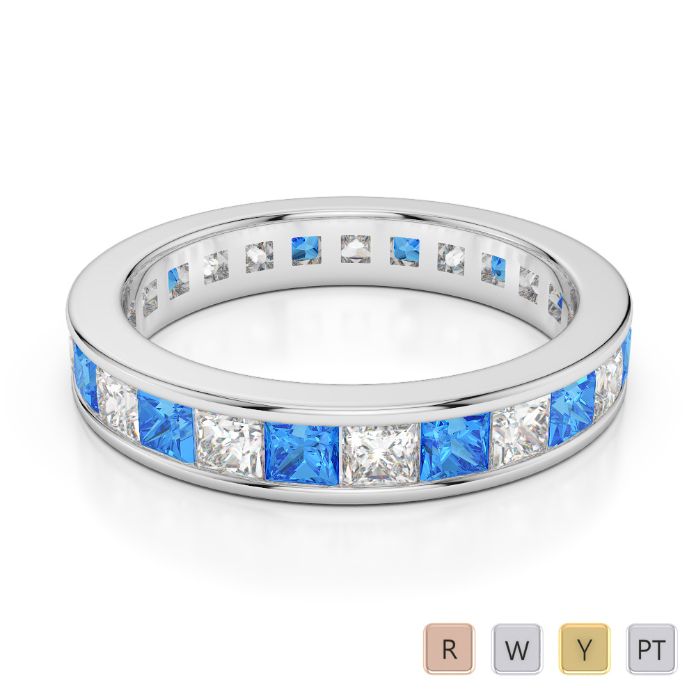 4 MM Channel Set Blue Topaz Full Eternity Ring With Diamond 0412