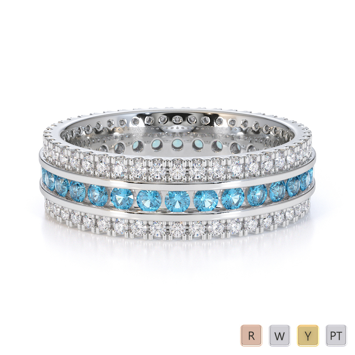 3 Row Channel Set Blue Topaz and Prong Set Diamond Full Eternity Ring 0450