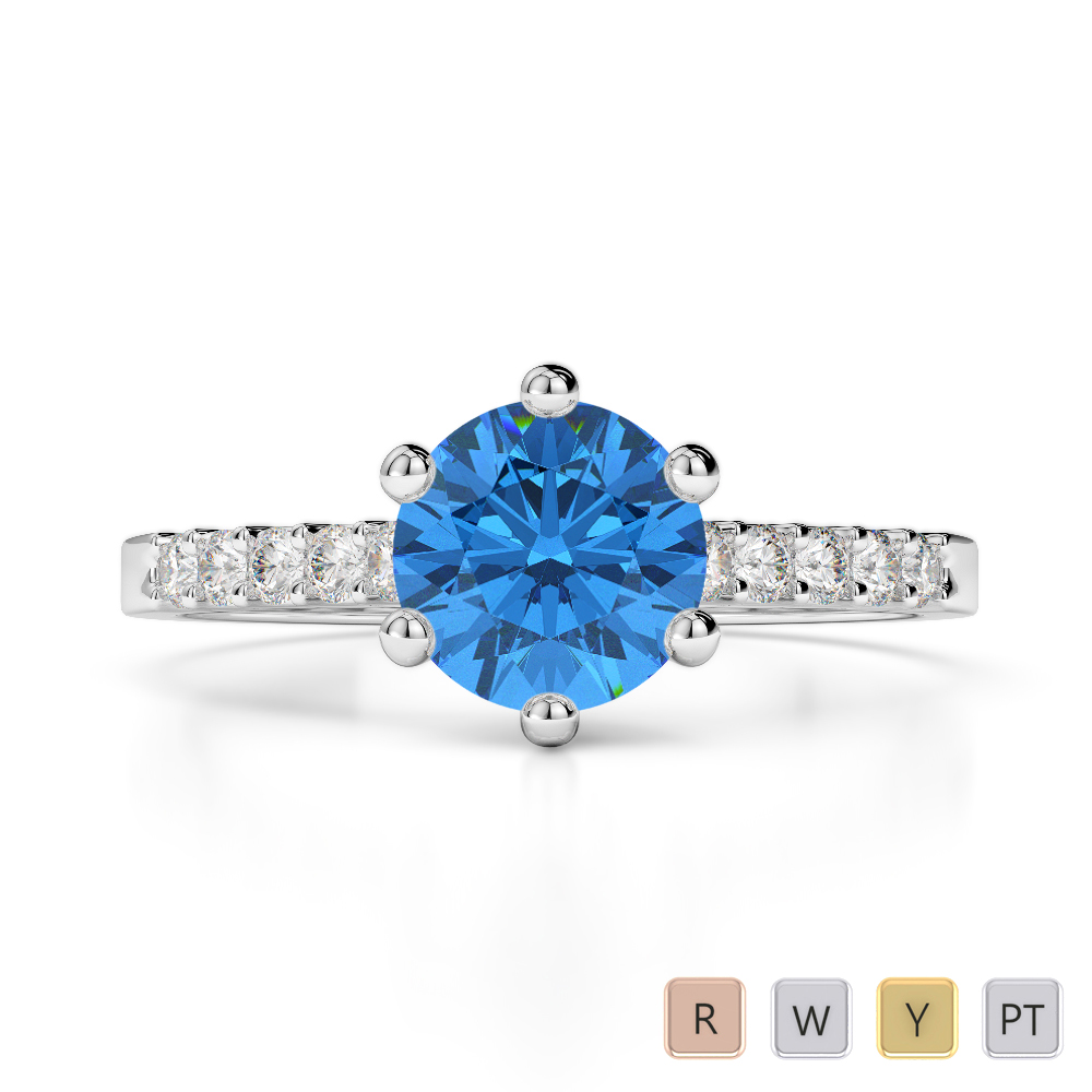 Round Cut Engagement Ring With Diamond & Blue Topaz in Gold / Platinum ATZR-0206
