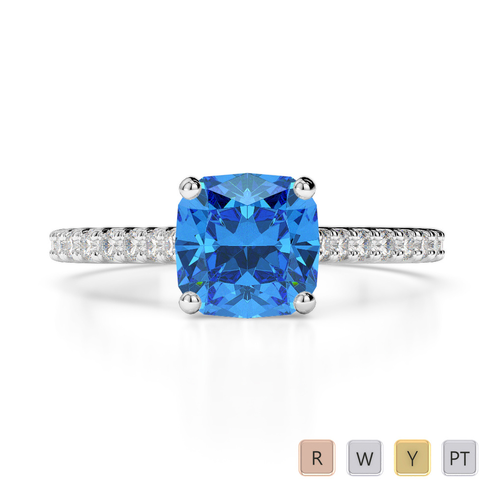 Cushion Cut Blue Topaz and Round Diamond Engagement Ring 0214