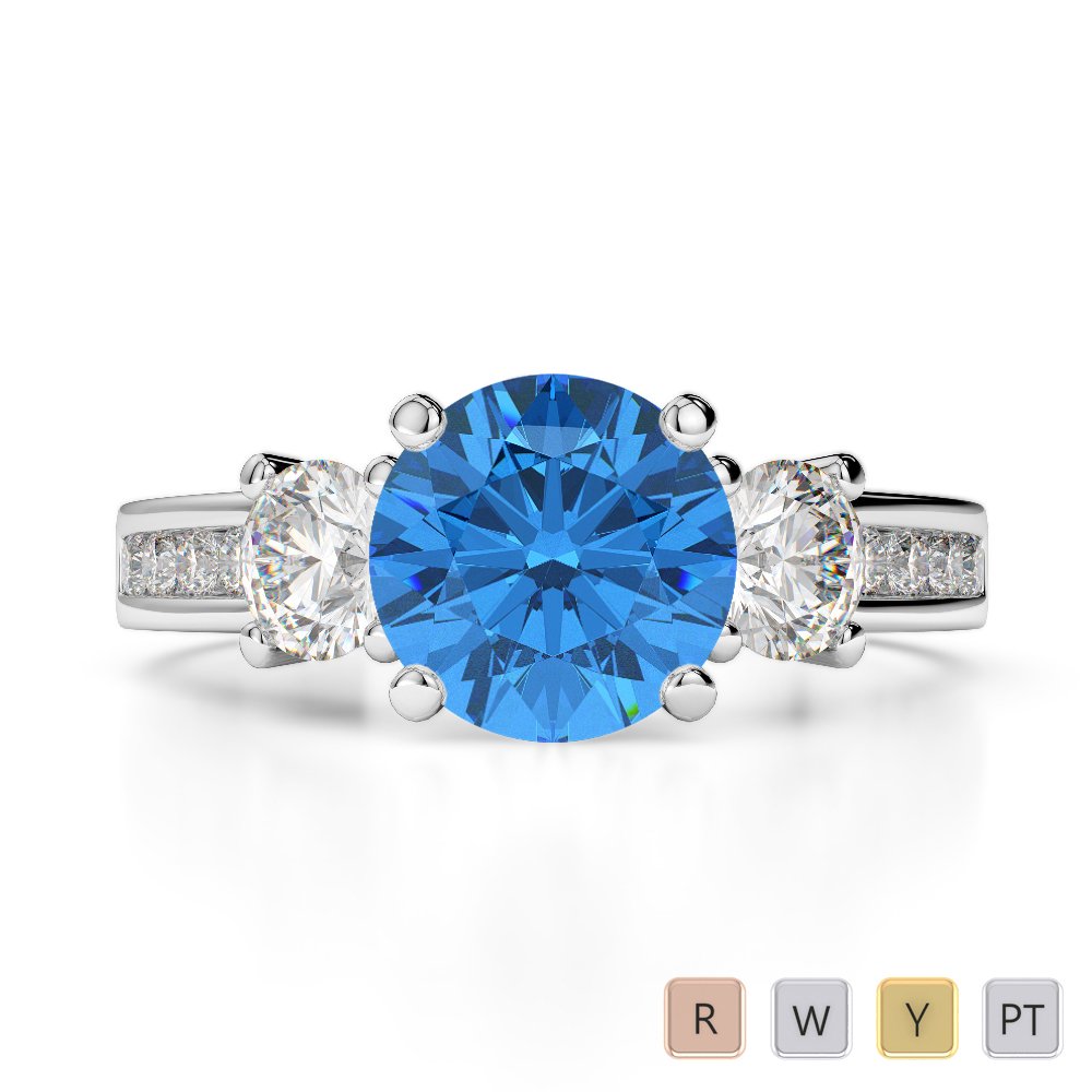 Round Cut Diamond & Blue Topaz Engagement Ring in Gold / Platinum ATZR-0216