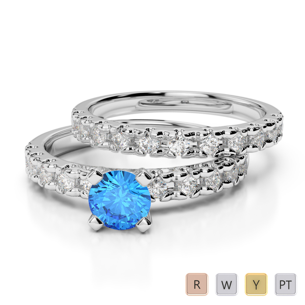 Round Cut Bridal Set Ring With Diamond and Blue Topaz in Gold / Platinum ATZR-0299