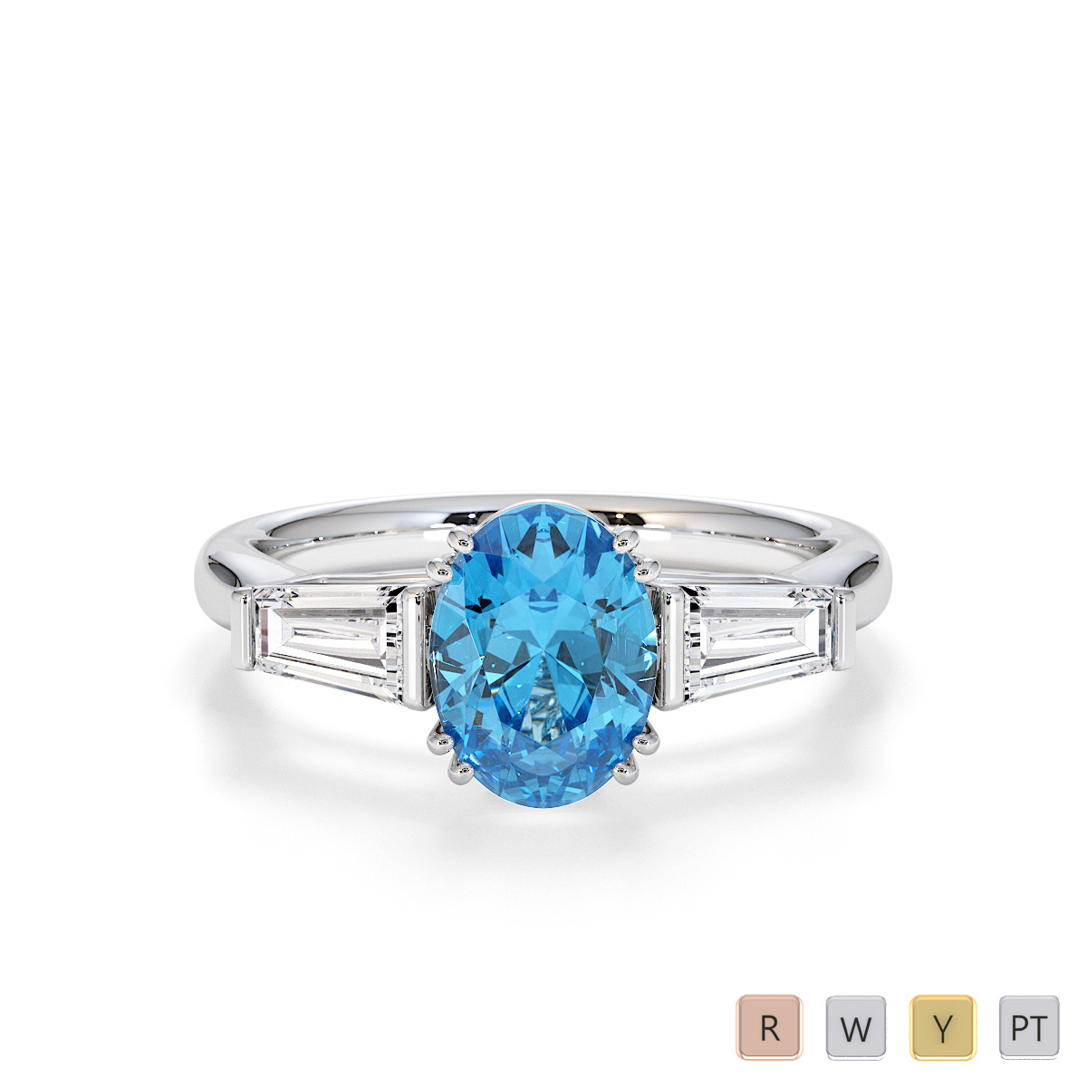 Oval Shape Blue Topaz and Tapered Baguette Diamond Ring 0783