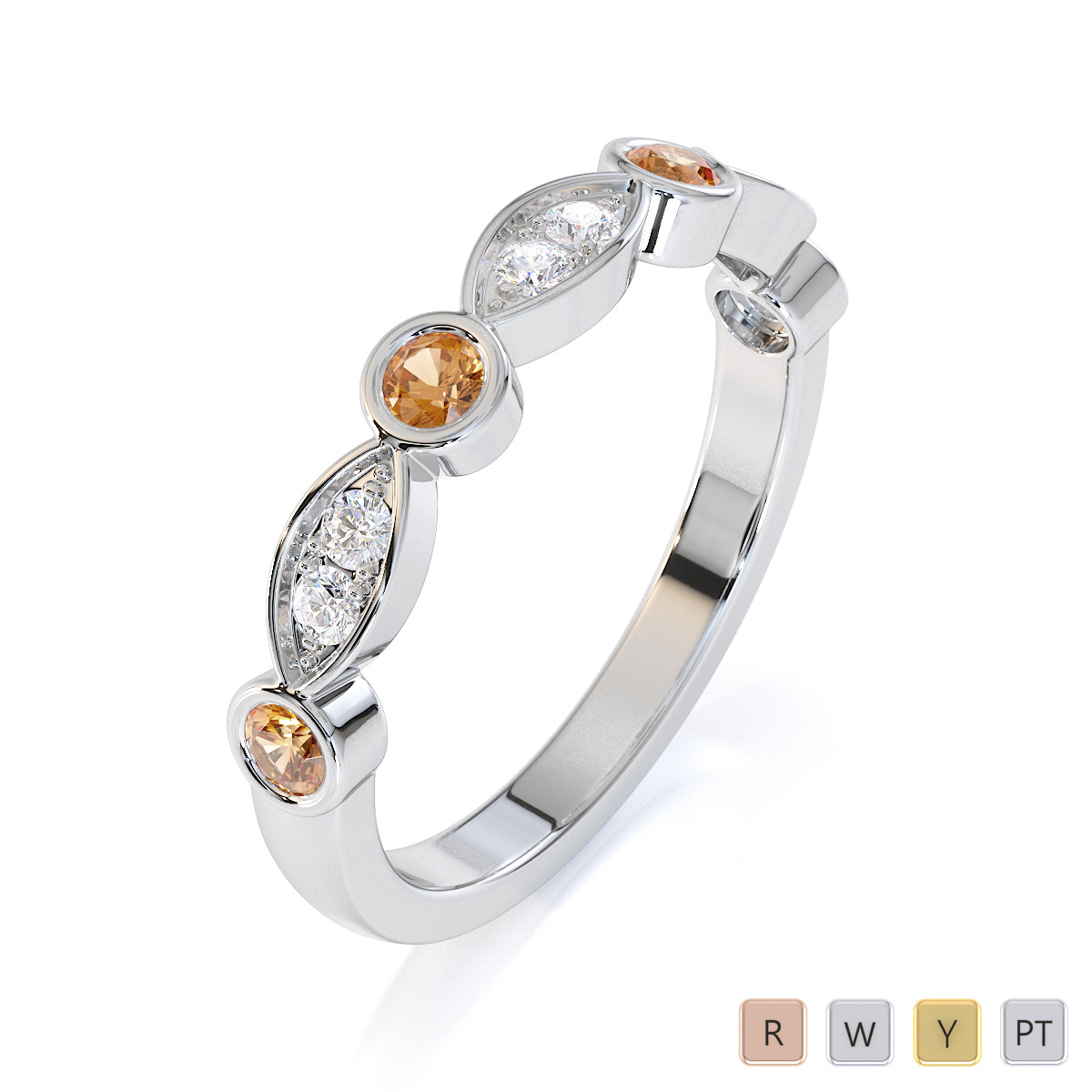 Round Cut Citrine and Diamond Half Eternity Ring 0435