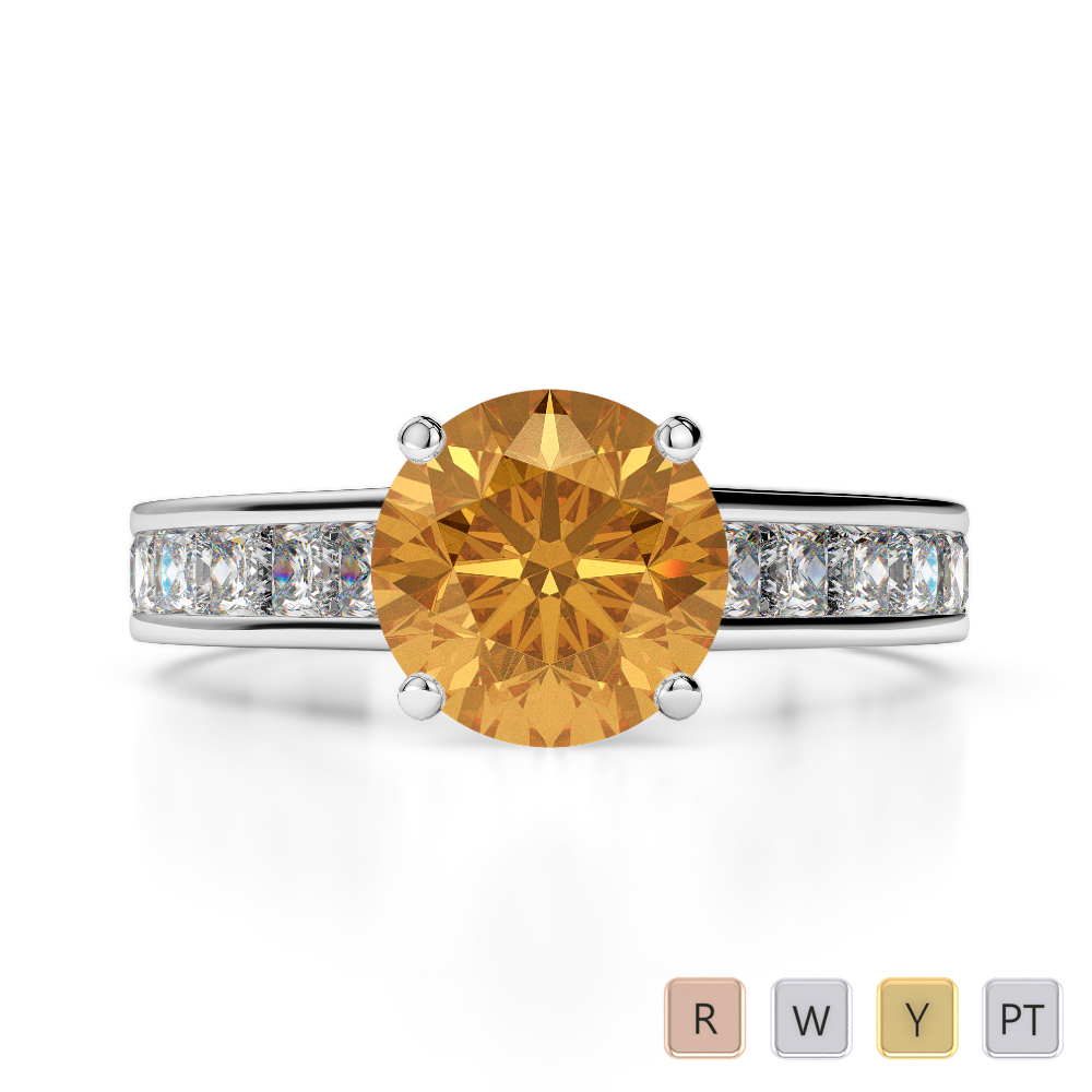 Round Cut Citrine and Princess Diamond Engagement Ring in Gold / Platinum ATZR-0222