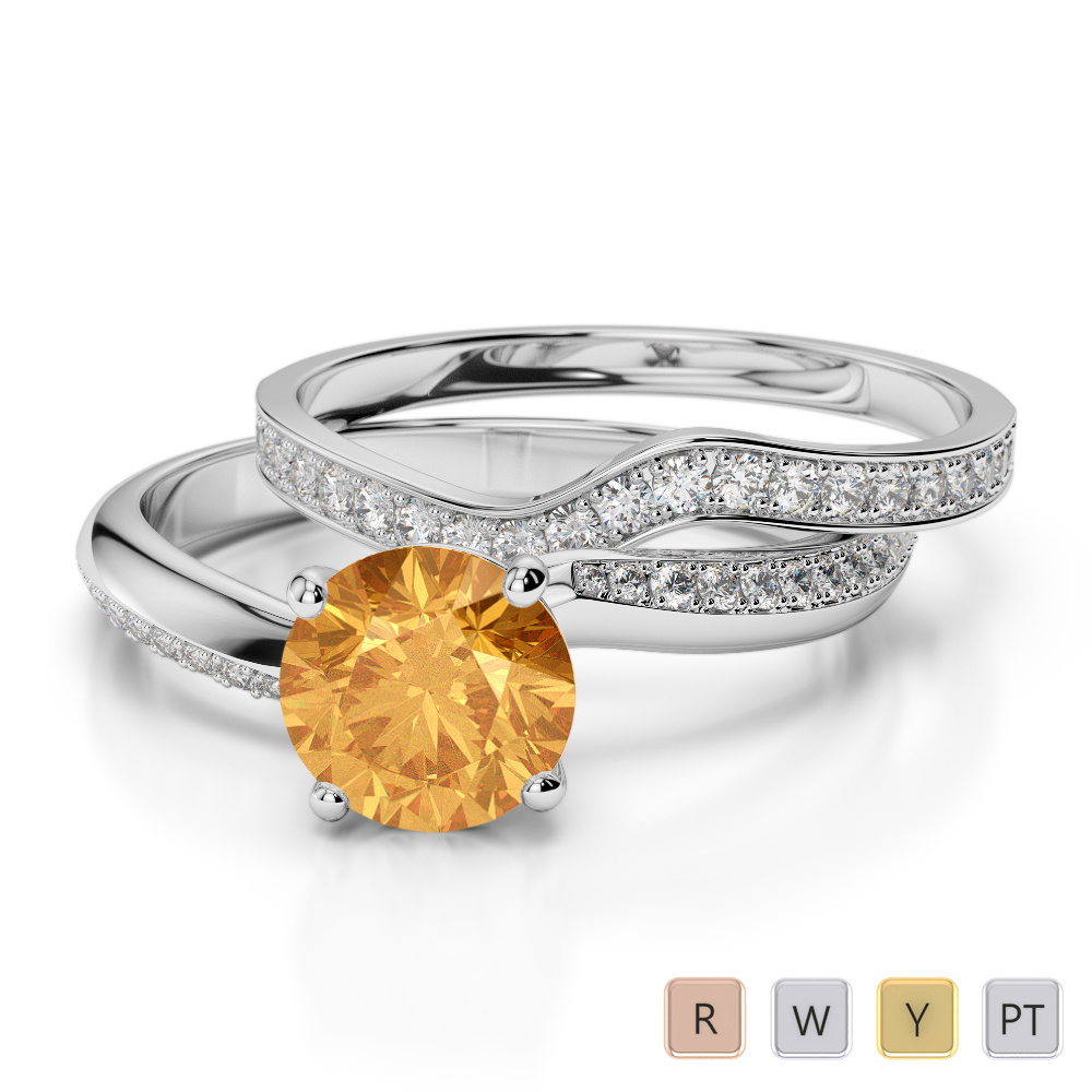Four Prong Set Citrine & Diamond Bridal Set Ring 0332