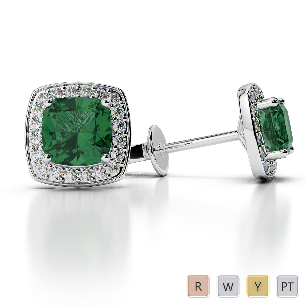 Cushion Shape Emerald and Diamond Earrings in Gold / Platinum ATZER-0466
