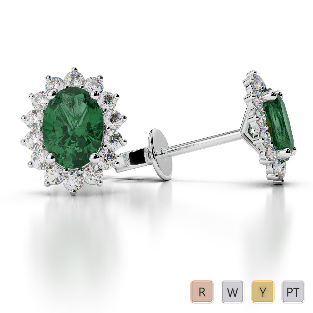 Oval Shape Emerald and Diamond Earrings in Gold / Platinum ATZER-0476