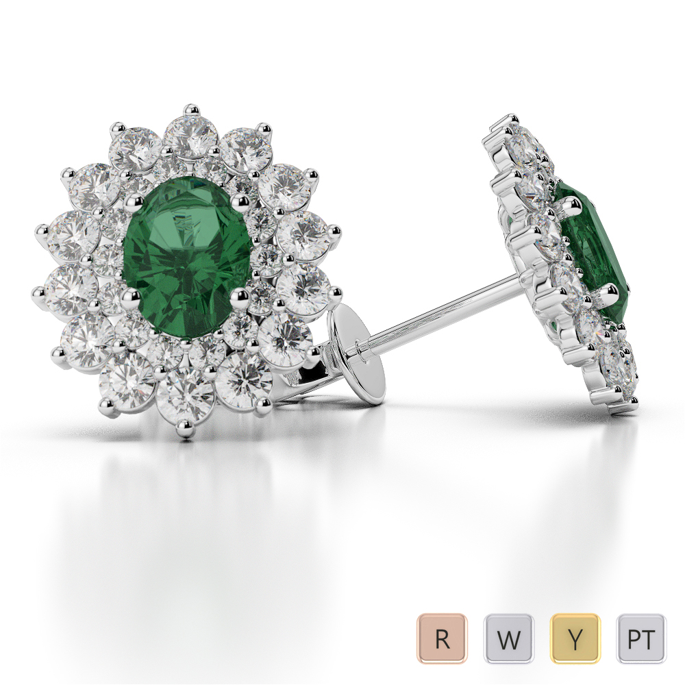 Emerald Earrings With Round Cut Diamond in Gold / Platinum ATZER-0478