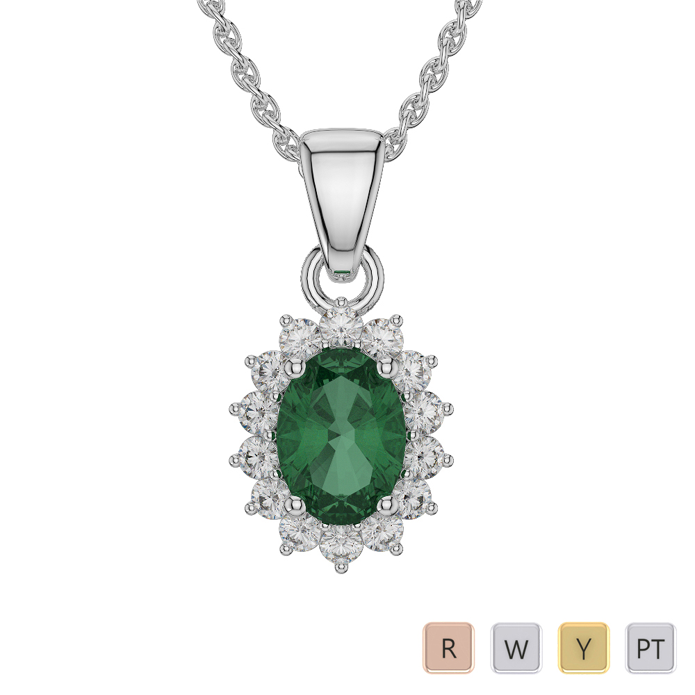Oval Shape Emerald and Diamond Necklaces in Gold / Platinum ATZNK-0569