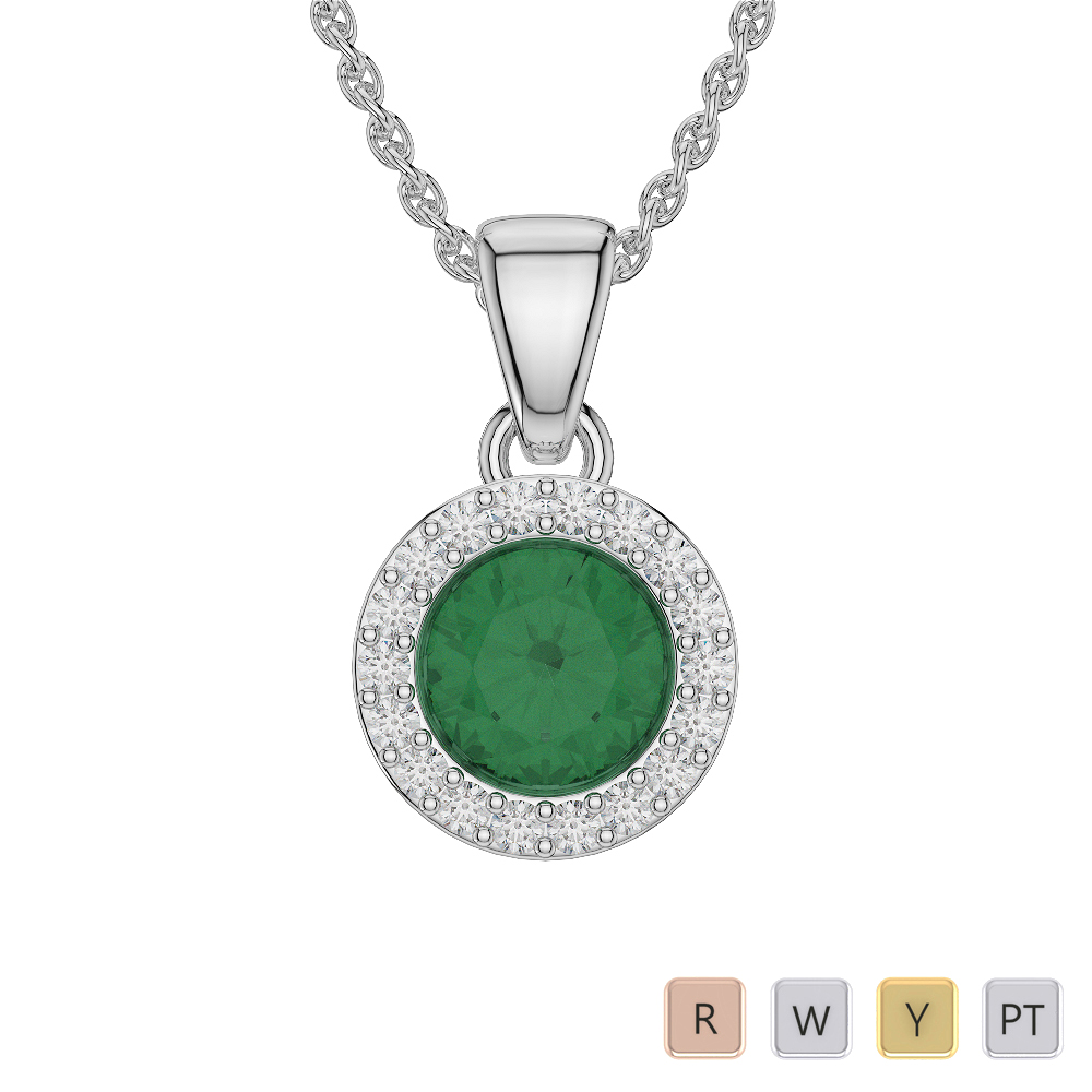 Round Shape Emerald and Diamond Necklaces in Gold / Platinum ATZNK-0573