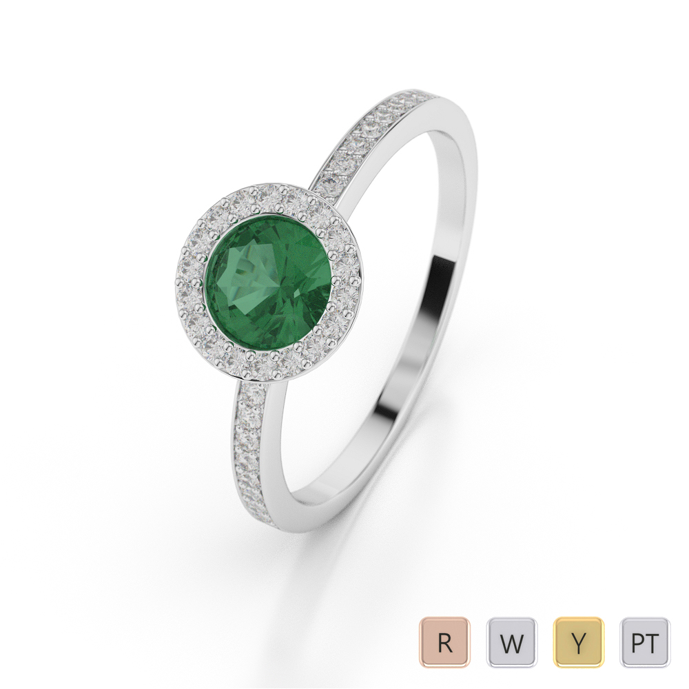 Round Shape Emerald and Diamond Engagement Ring in Gold / Platinum ATZR-0053