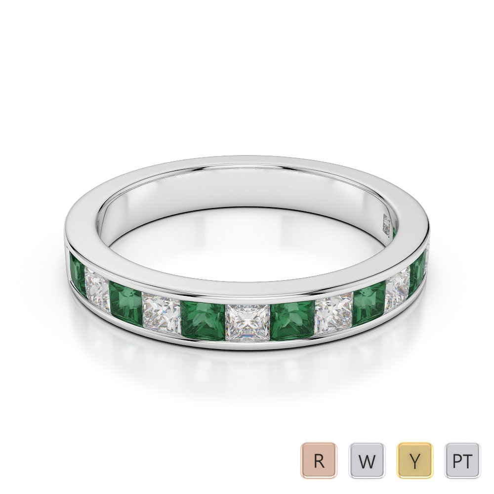 3 MM Channel Set Emerald & Diamond Half Eternity Ring in Gold / Platinum ATZR-0414