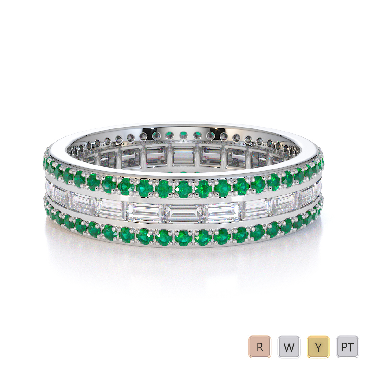 Baguette Cut Diamond & Round Emerald Full Eternity Ring 0432