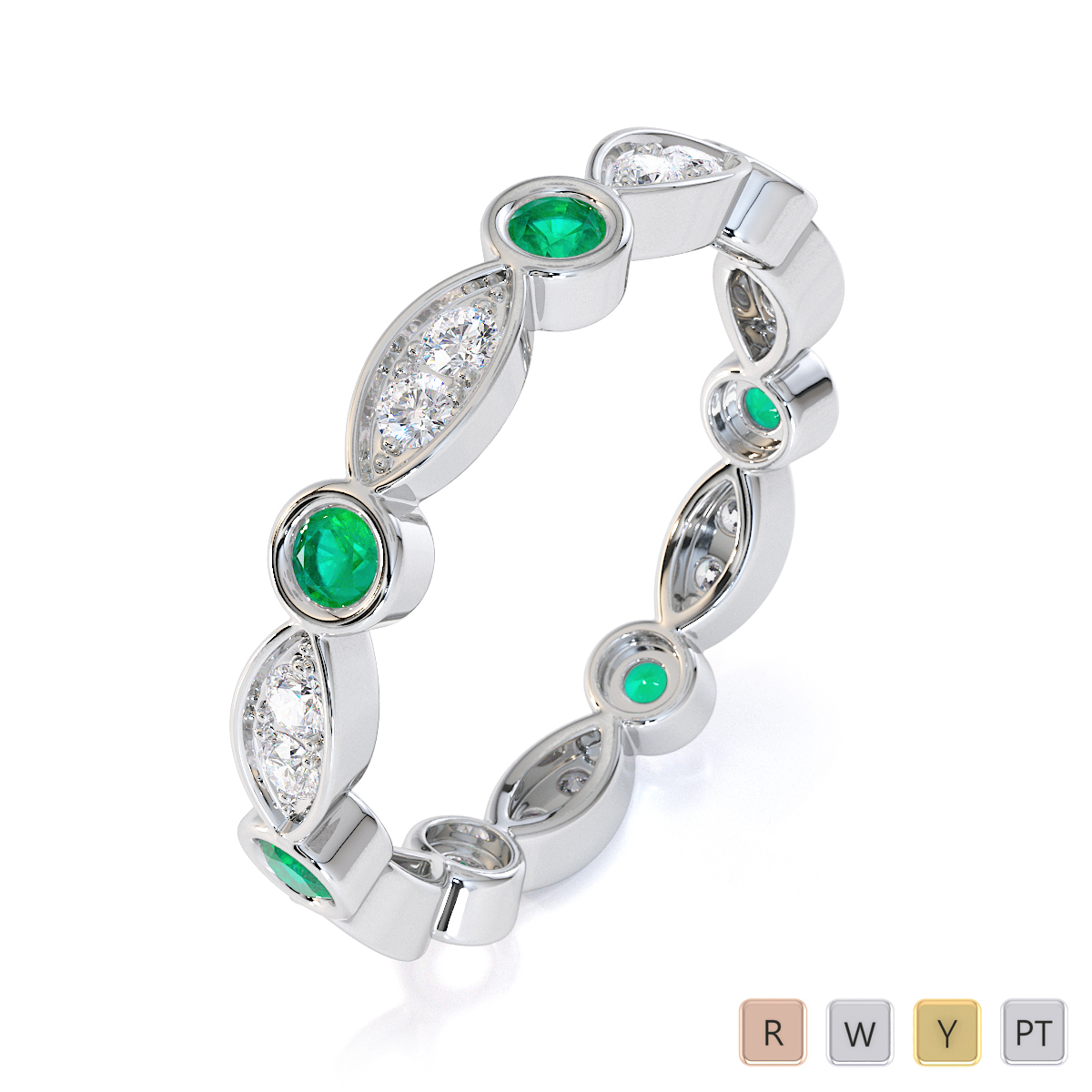 Bezel Set Emerald & Prong Set Diamond Full Eternity Ring in Gold / Platinum ATZR-0434