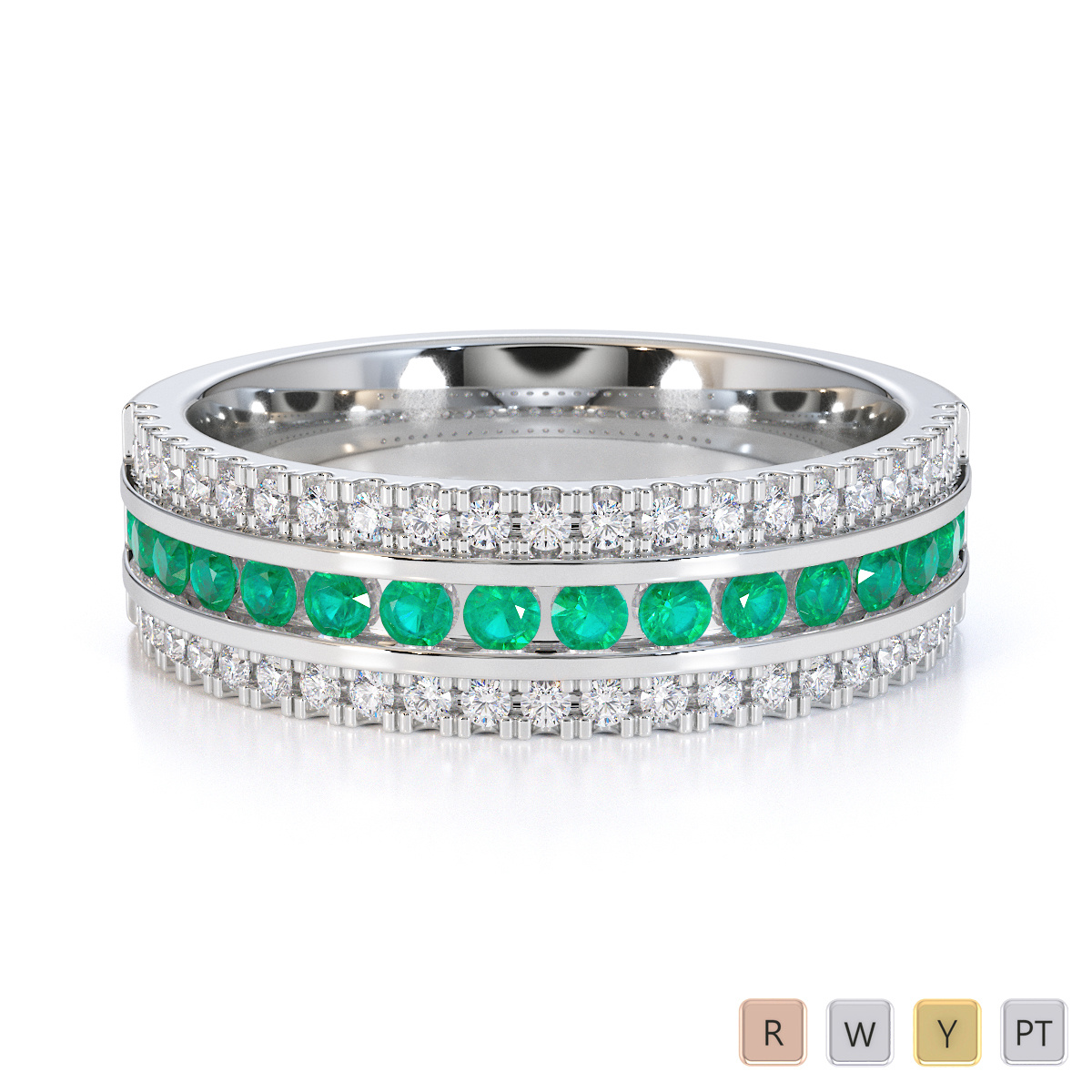 Three Row Channel Set Emerald and Prong Set Diamond Half Eternity Ring 0451