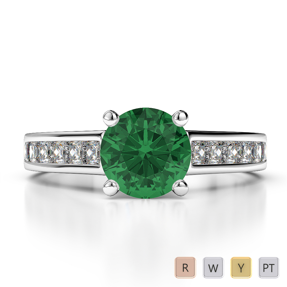 Round Cut Emerald and Princess Diamond Engagement Ring in Gold / Platinum ATZR-0222