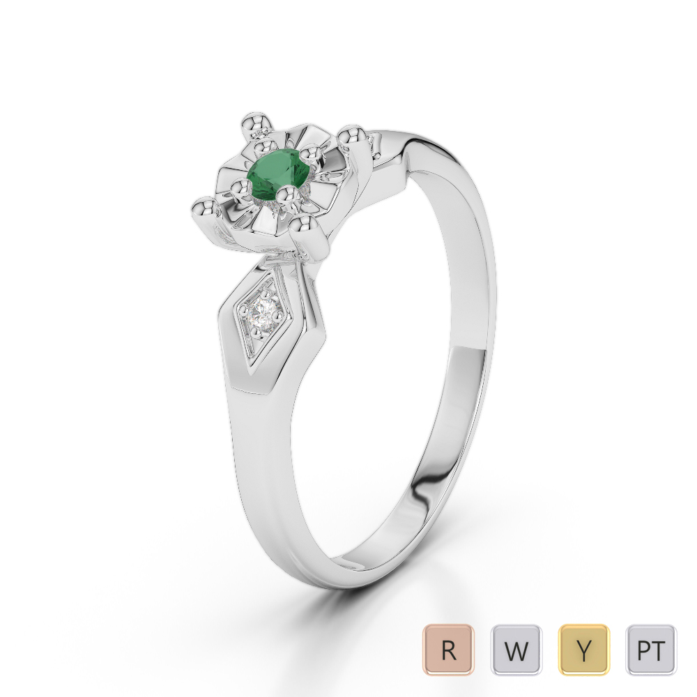 Three Stone Diamond and Emerald Engagement Ring in Gold / Platinum ATZR-0231