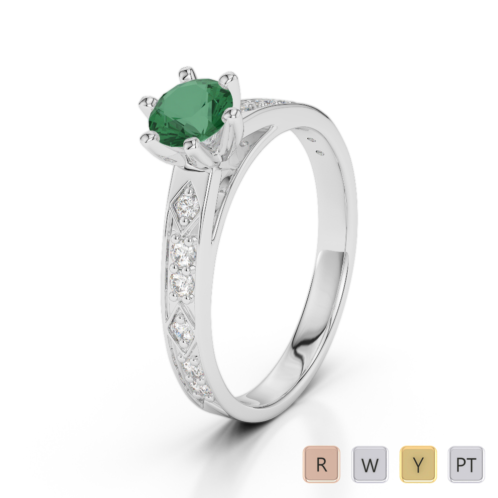 Round Cut Diamond Engagement Ring With Emerald in Gold / Platinum ATZR-0240