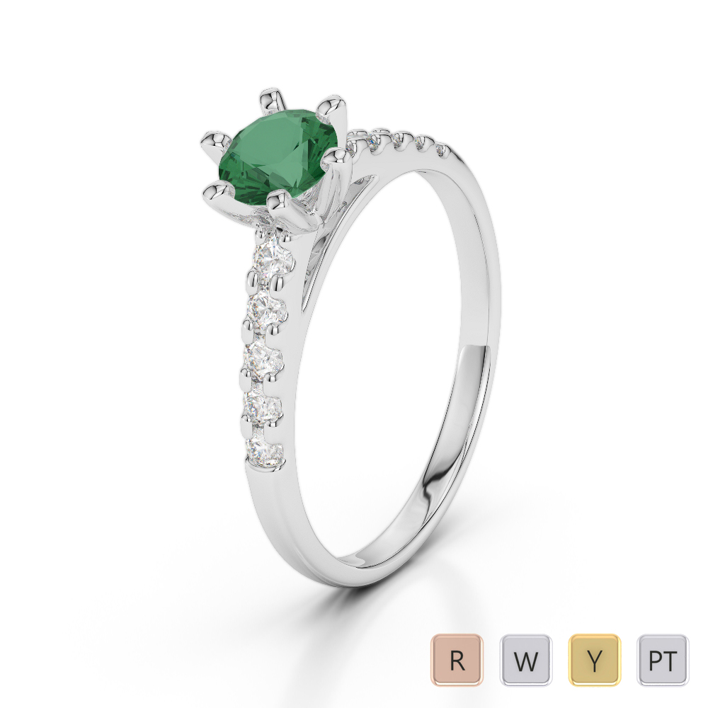 6 Prong Set Engagement Ring With Emerald & Diamond in Gold / Platinum ATZR-0242