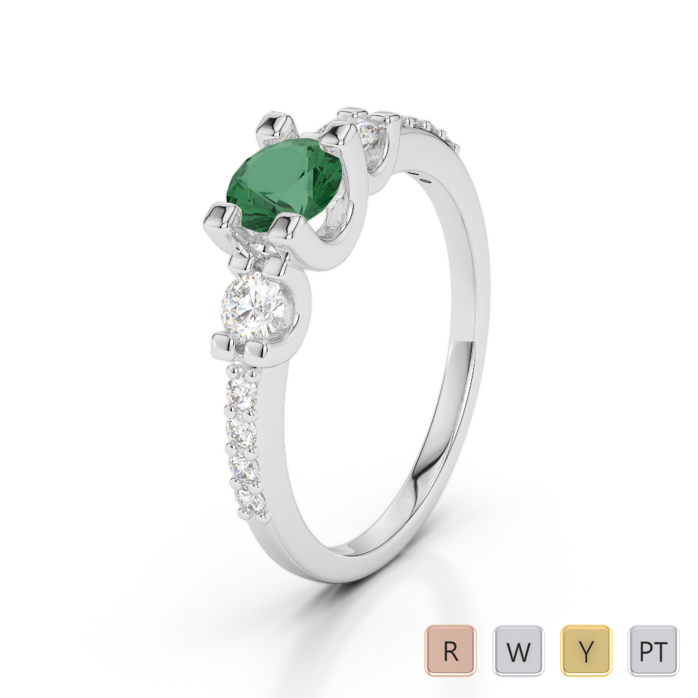 Round Cut Diamond and Emerald Engagement Ring in Gold / Platinum ATZR-0244