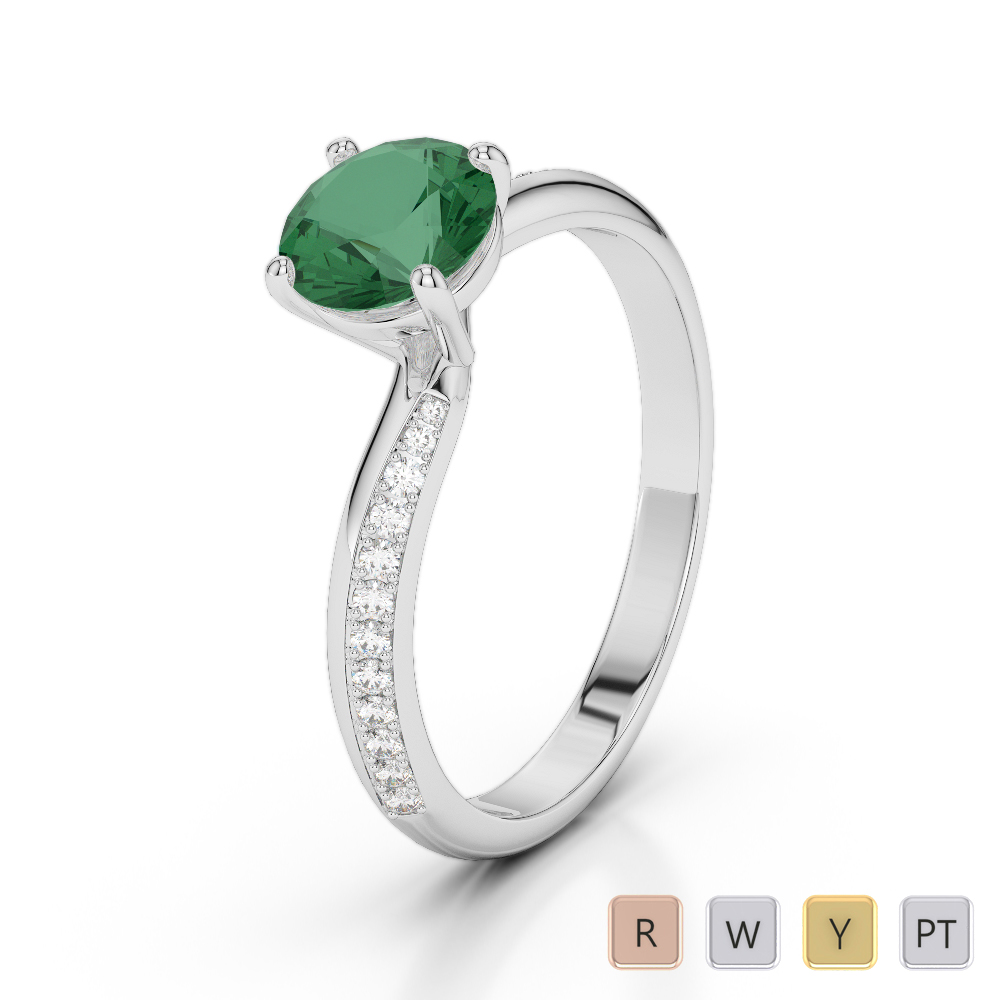 Round Cut Emerald & Diamond Engagement Ring in Gold / Platinum ATZR-0266