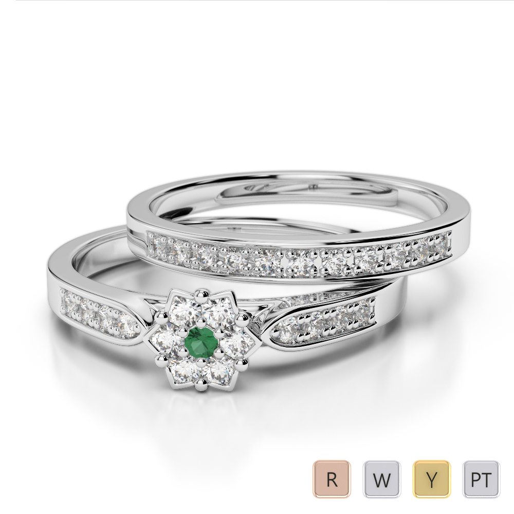 Round Cut Emerald and Diamond Bridal Set Ring in Gold / Platinum ATZR-0290