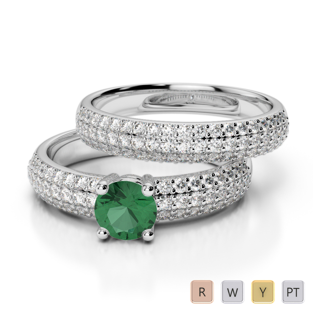 Triple Row Round Cut Emerald and Diamond Bridal Set Ring in Gold / Platinum ATZR-0307