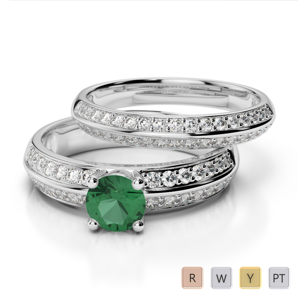 Round Cut Emerald Bridal Set Ring With Diamond in Gold / Platinum ATZR-0311