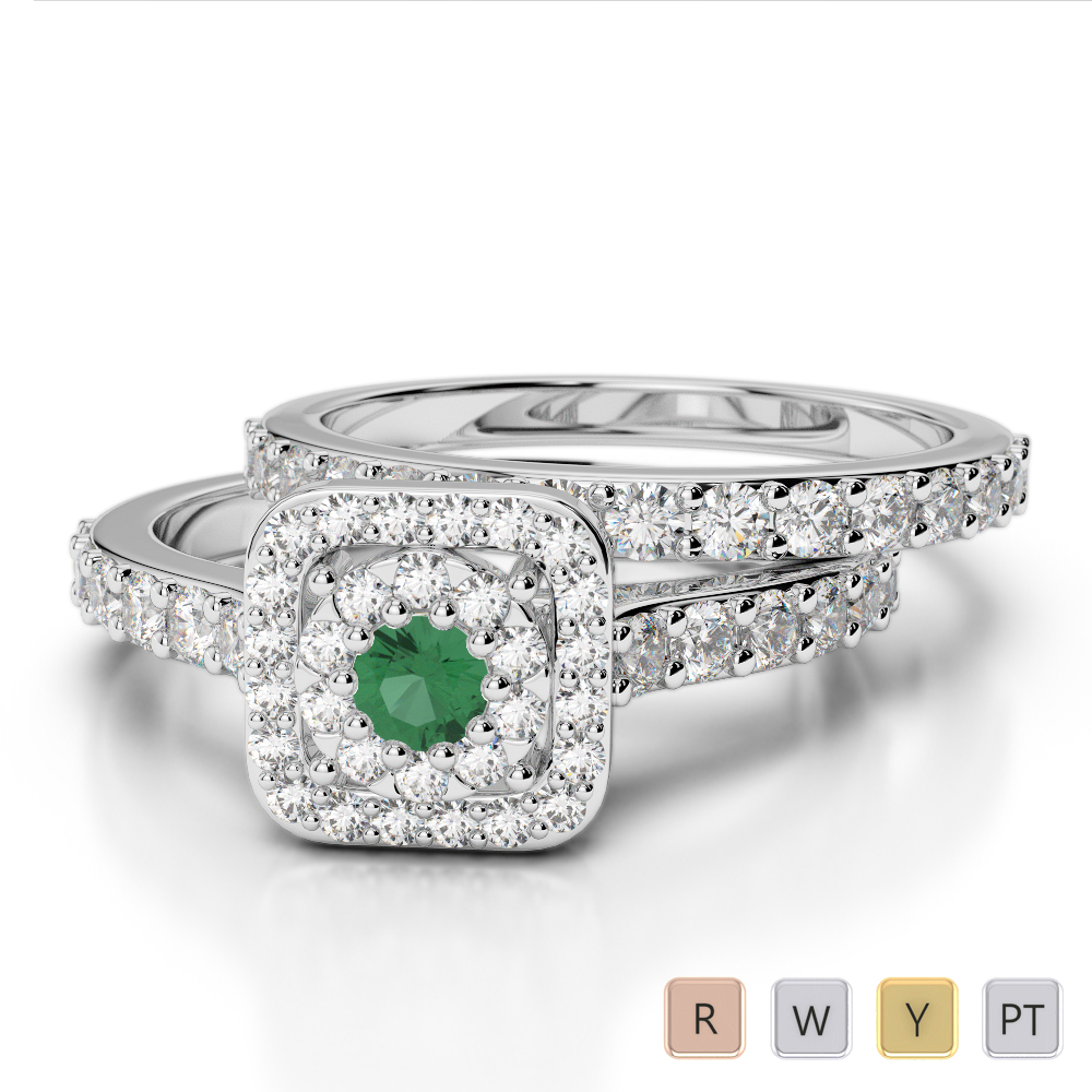 Round Cut Emerald and Diamond Bridal Set Ring in Gold / Platinum ATZR-0322