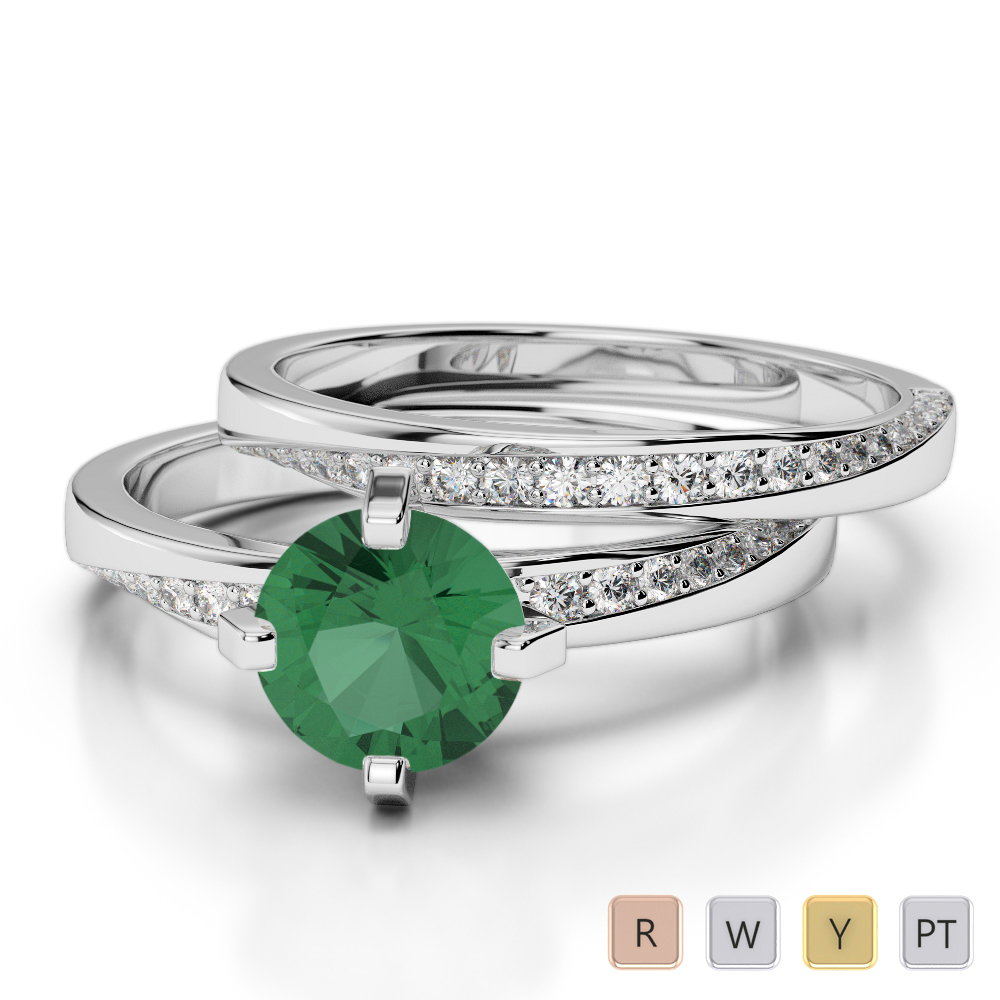Four Prong Set Emerald Bridal Set Ring With Diamond in Gold / Platinum ATZR-0324