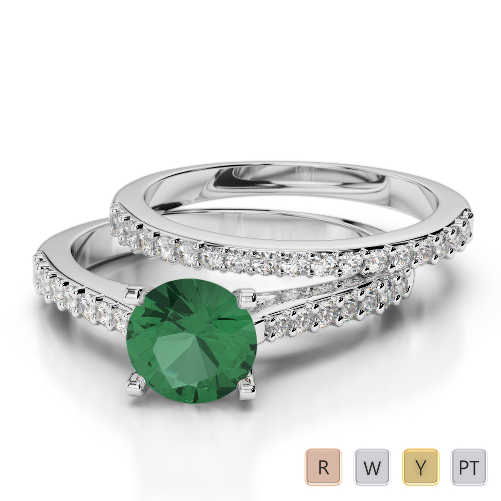 Round Cut Diamond Bridal Set Ring With Emerald in Gold / Platinum ATZR-0343