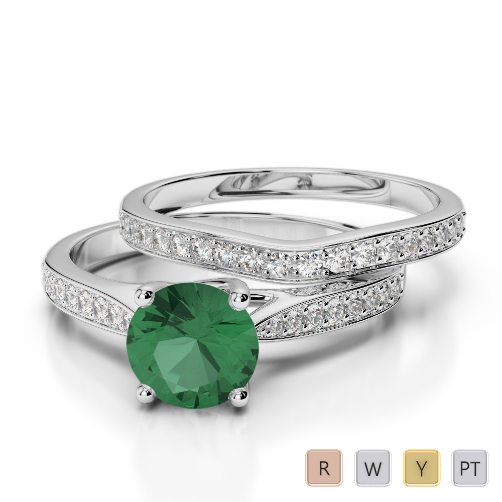 Round Cut Bridal Set Ring With Emerald and Diamond in Gold / Platinum ATZR-0350
