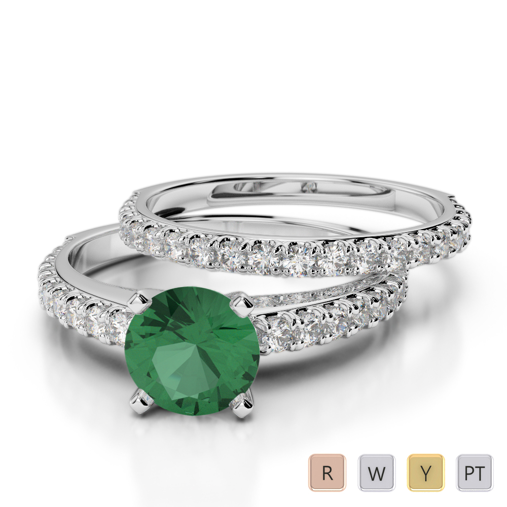 Scallop Set Emerald & Diamond Bridal Set Ring in Gold / Platinum ATZR-0352