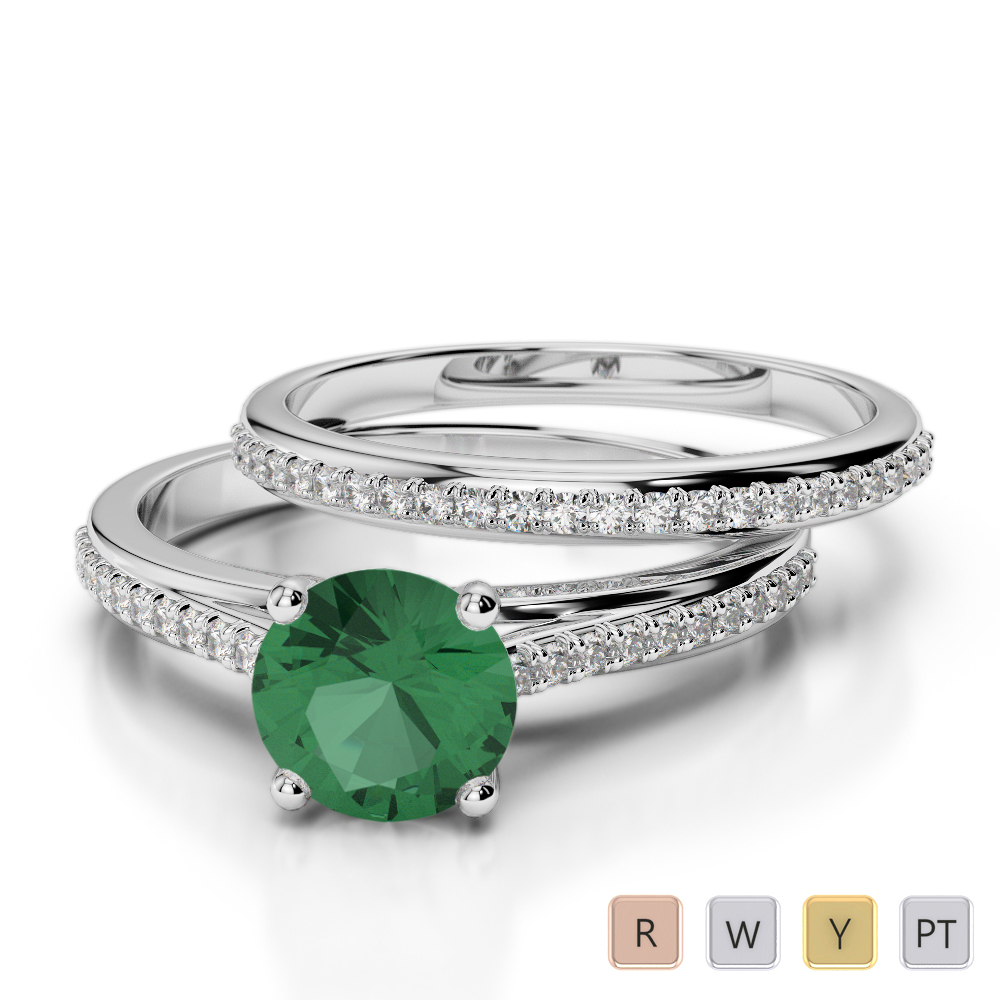 Round Cut Diamond Bridal Set Ring With Emerald in Gold / Platinum ATZR-0354