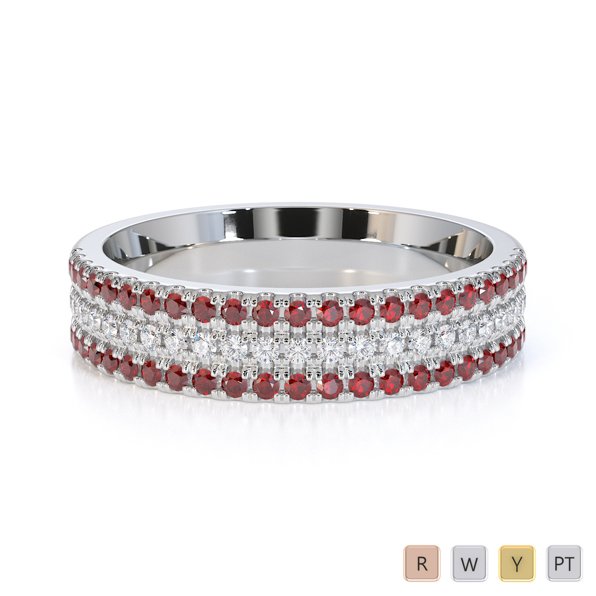 3 Row Prong Set Diamond Half Eternity Ring With Garnet 0443