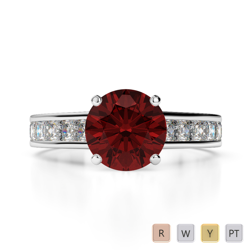 Round Cut Garnet and Princess Diamond Engagement Ring 0222