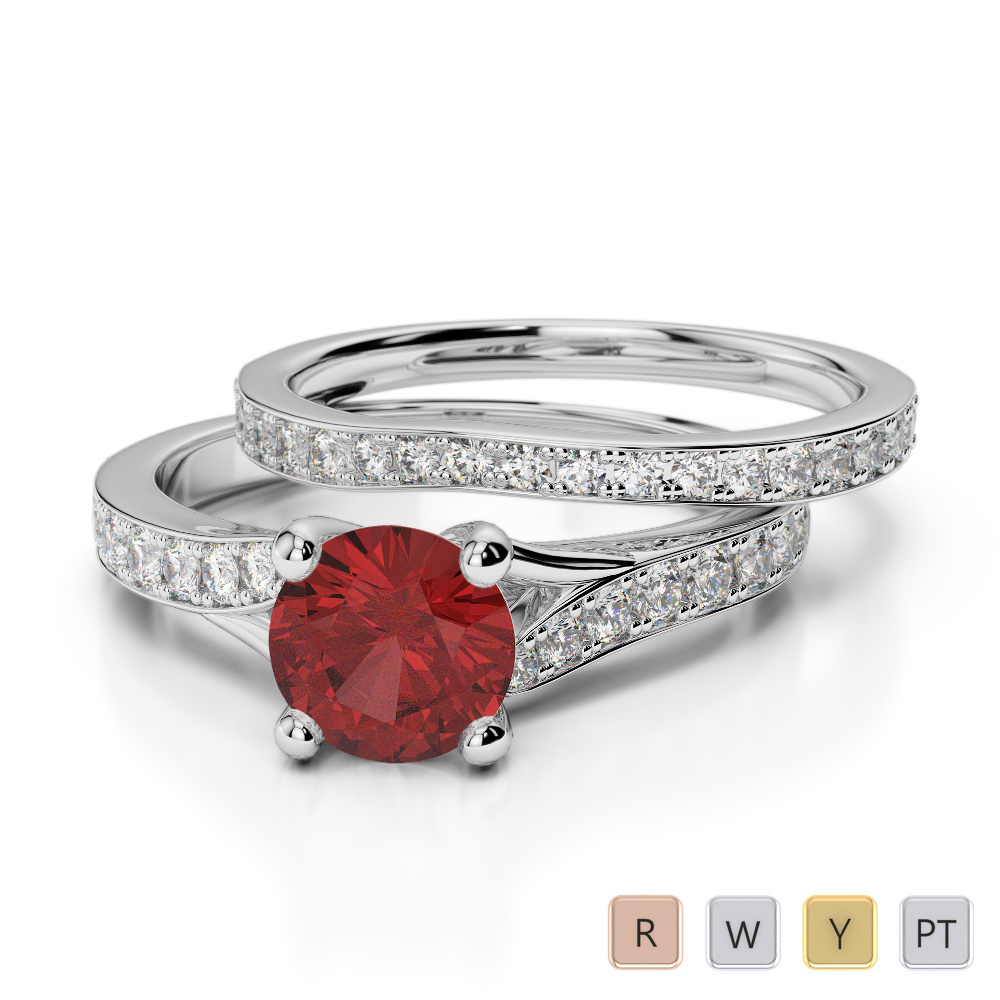 Round Cut Diamond & Garnet Bridal Set Ring 0329
