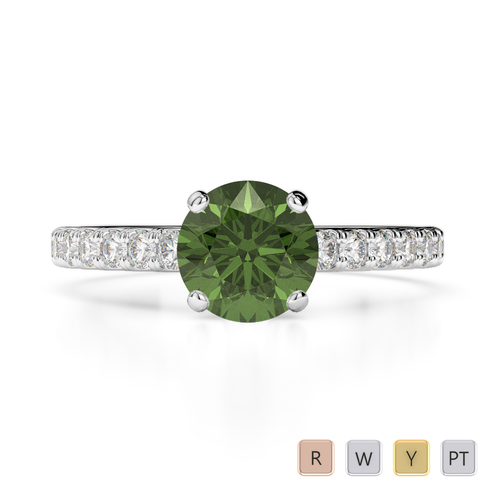 Round Cut Green Tourmaline & Diamond Engagement Ring in Gold / Platinum ATZR-0199