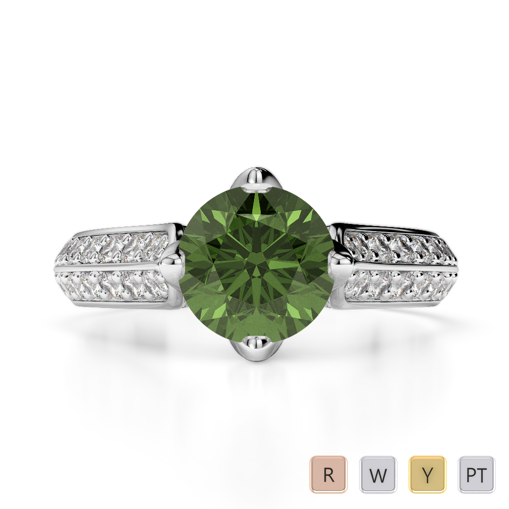 Round Cut Diamond Engagement Ring With Green Tourmaline in Gold / Platinum ATZR-0203
