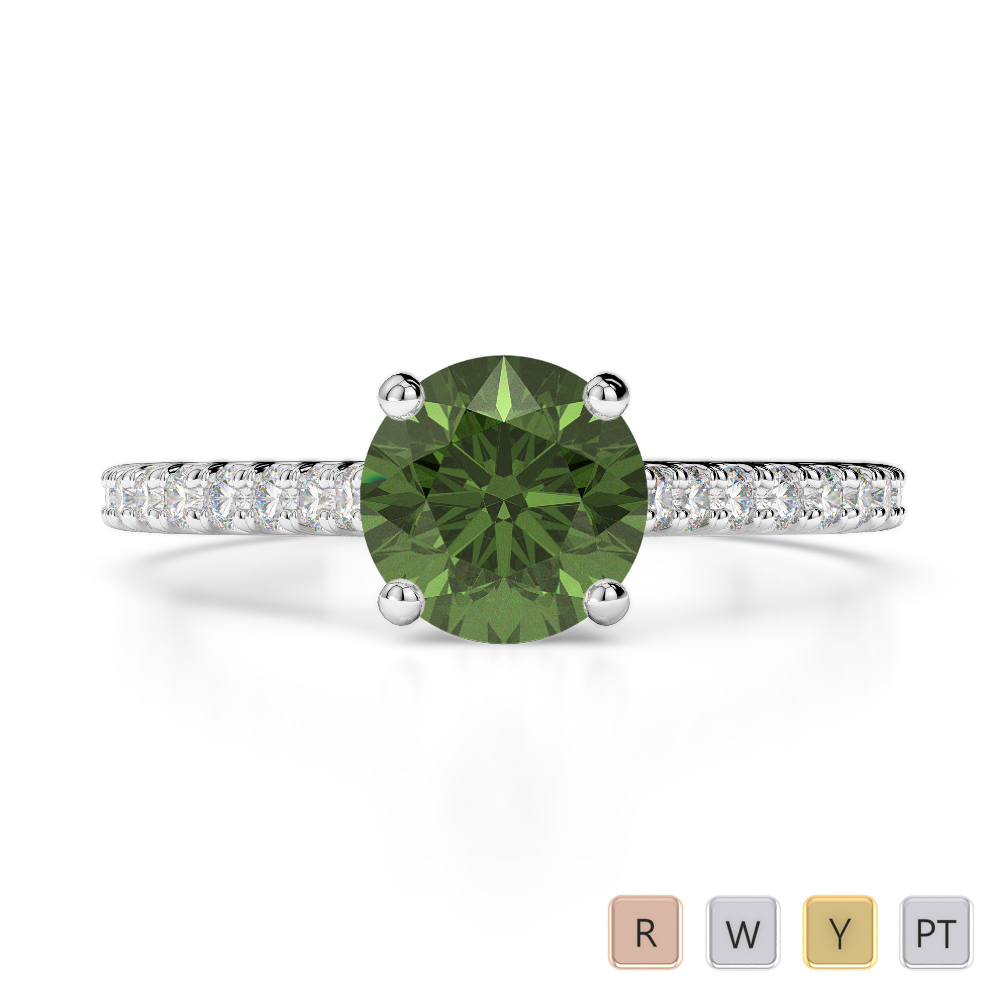 Round Cut Diamond and Green Tourmaline Engagement Ring in Gold / Platinum ATZR-0211