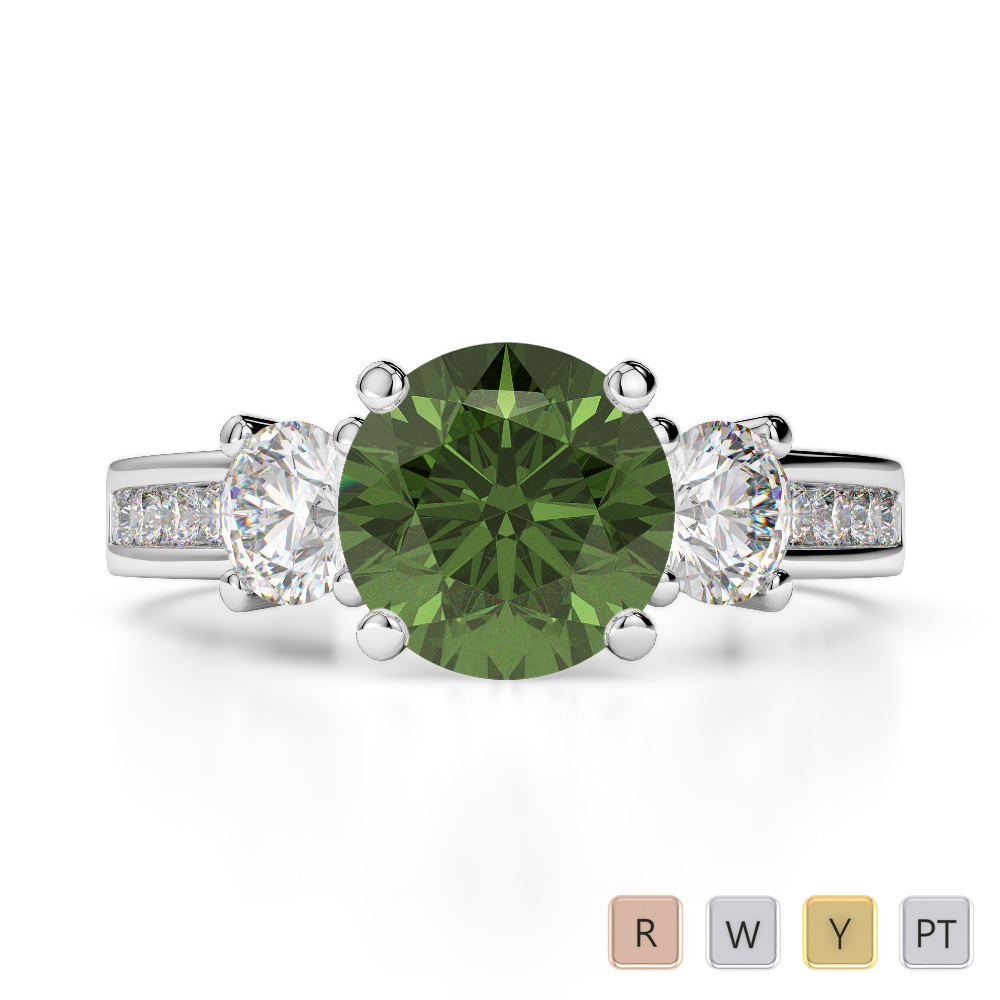 Round Cut Diamond & Green Tourmaline Engagement Ring in Gold / Platinum ATZR-0216