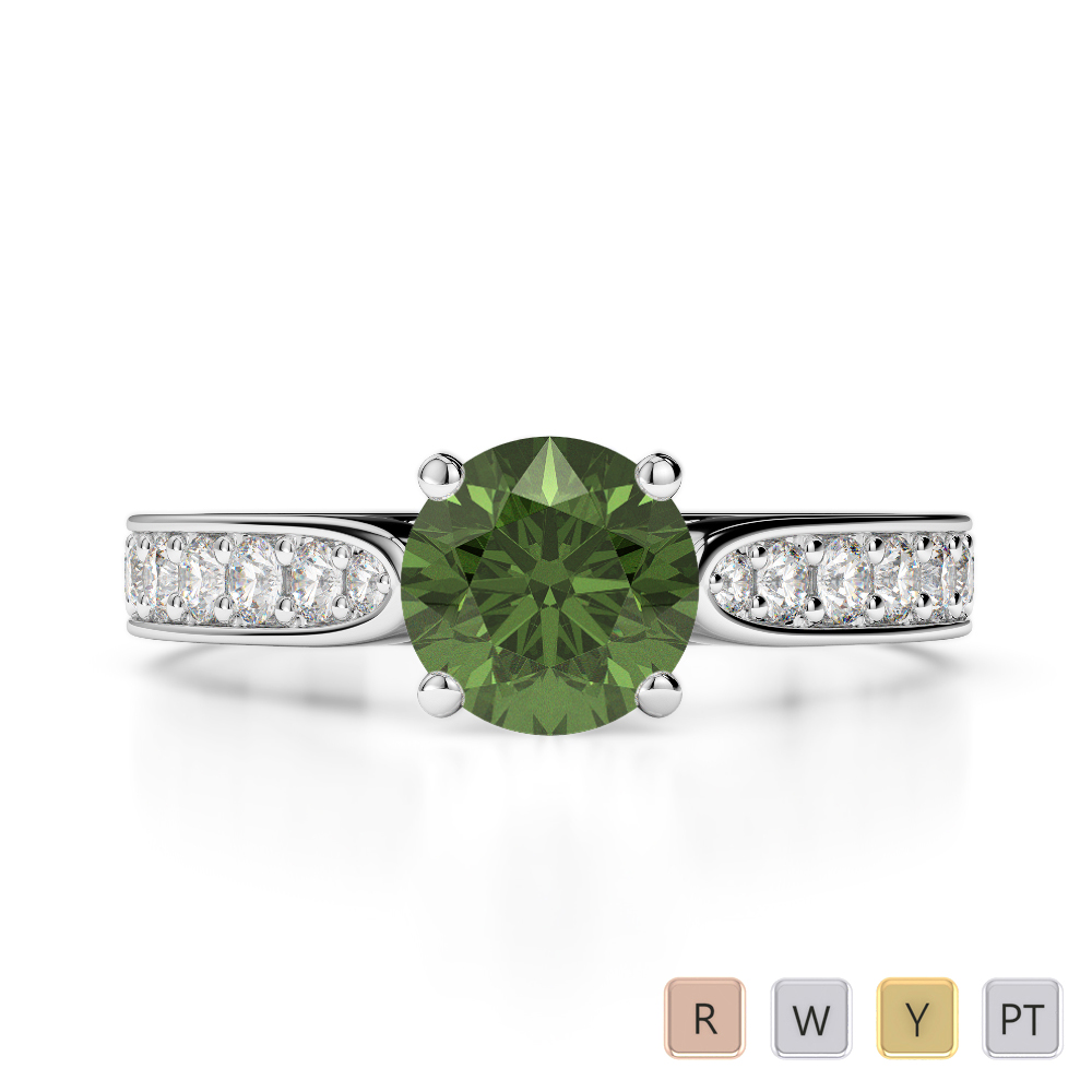 Round Cut Green Tourmaline & Diamond Engagement Ring in Gold / Platinum ATZR-0219