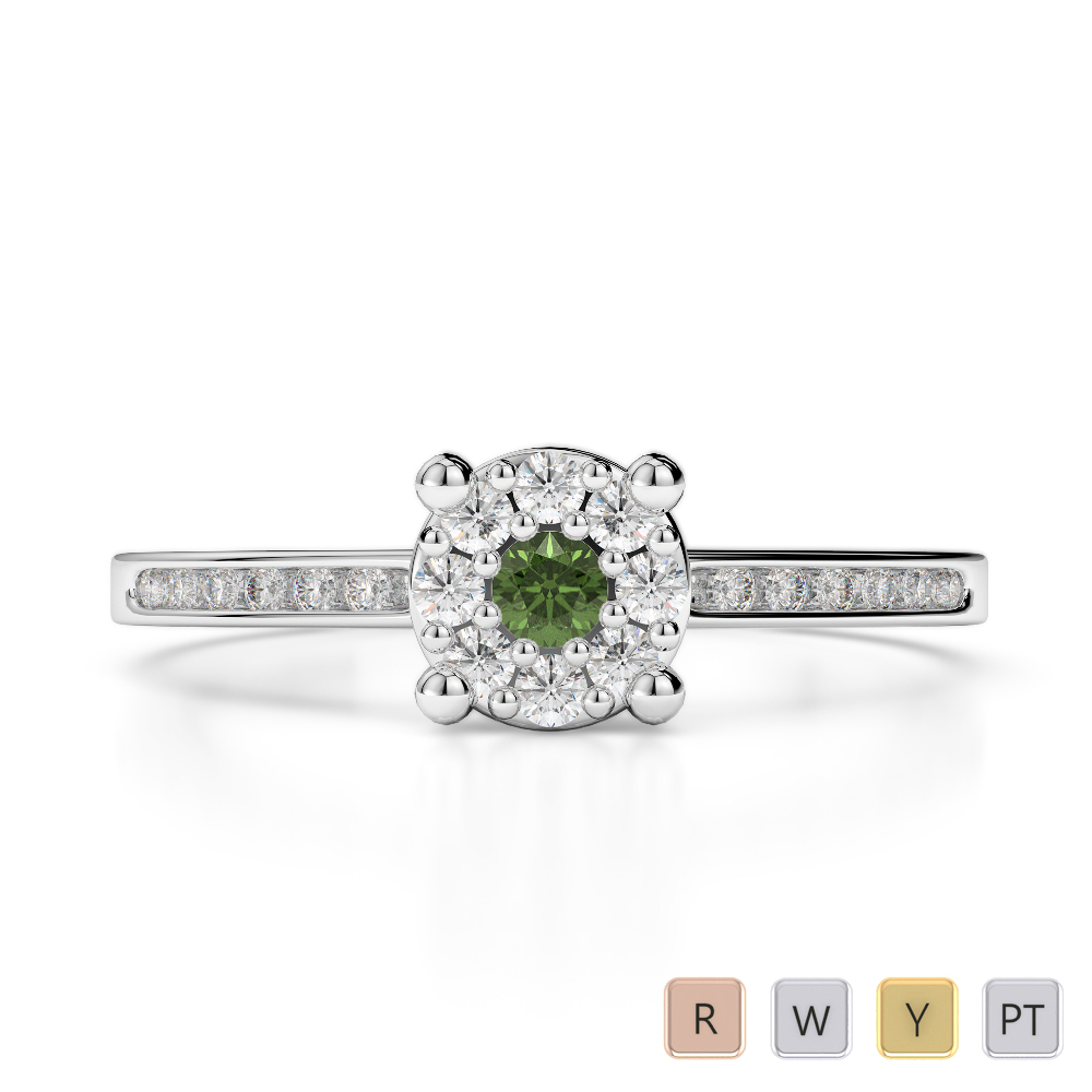 Round Cut Green Tourmaline and Diamond Engagement Ring in Gold / Platinum ATZR-0225