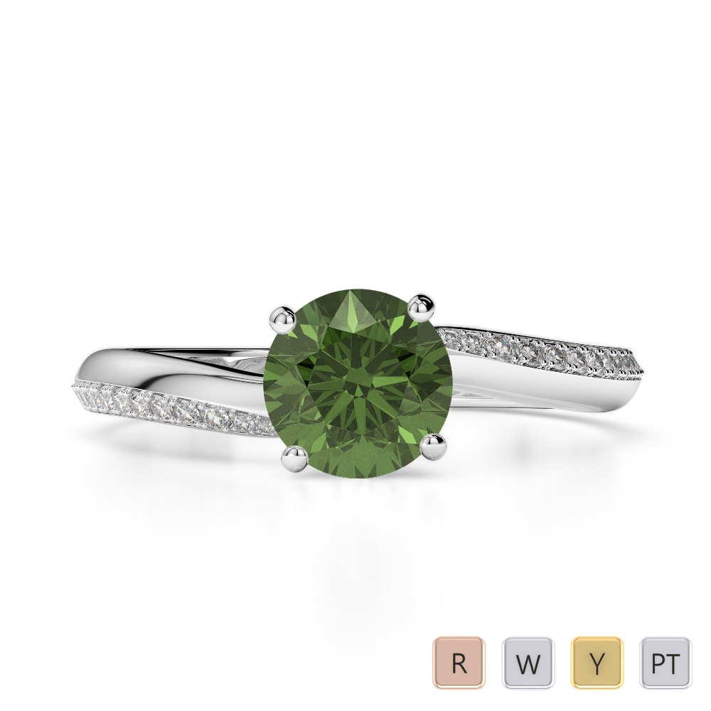 Round Cut Green Tourmaline & Diamond Engagement Ring in Gold / Platinum ATZR-0266