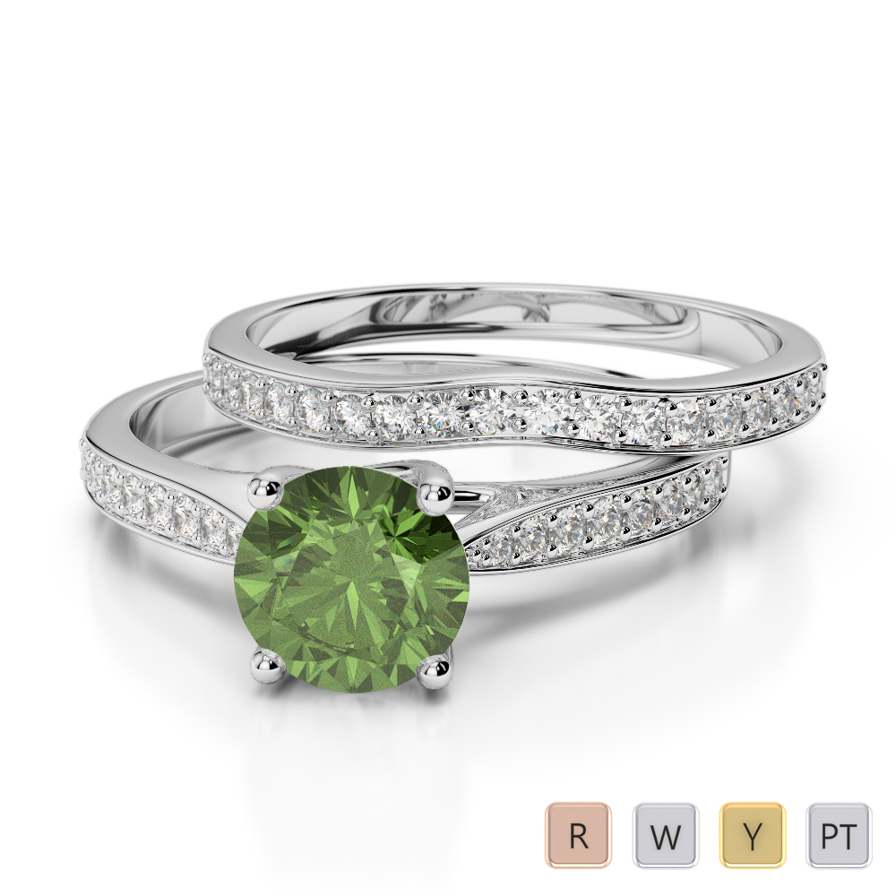 Round Cut Bridal Set Ring With Green Tourmaline and Diamond in Gold / Platinum ATZR-0350