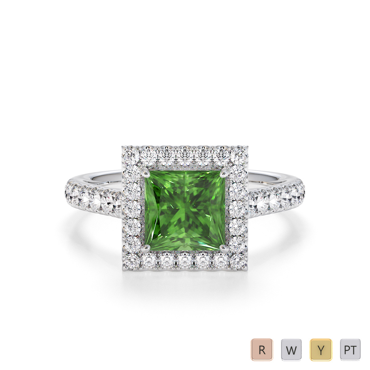 6.00mm Princess Cut Green Tourmaline and Diamond Engagement Ring 0768
