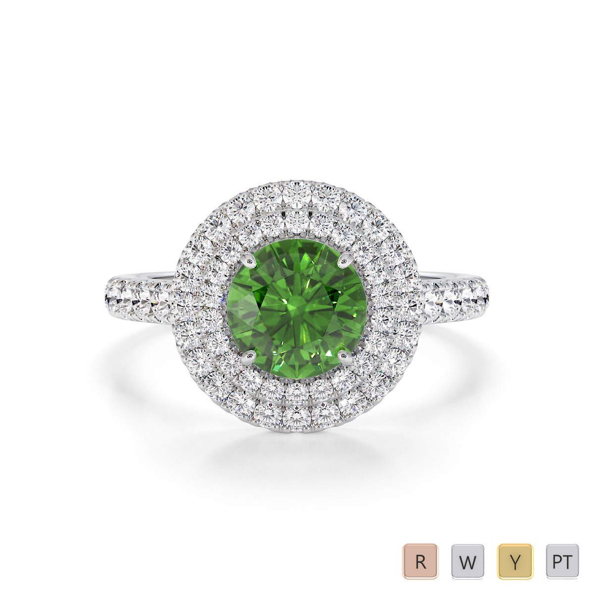 Round Shape Diamond With 1ct Green Tourmaline Engagement Ring 0769